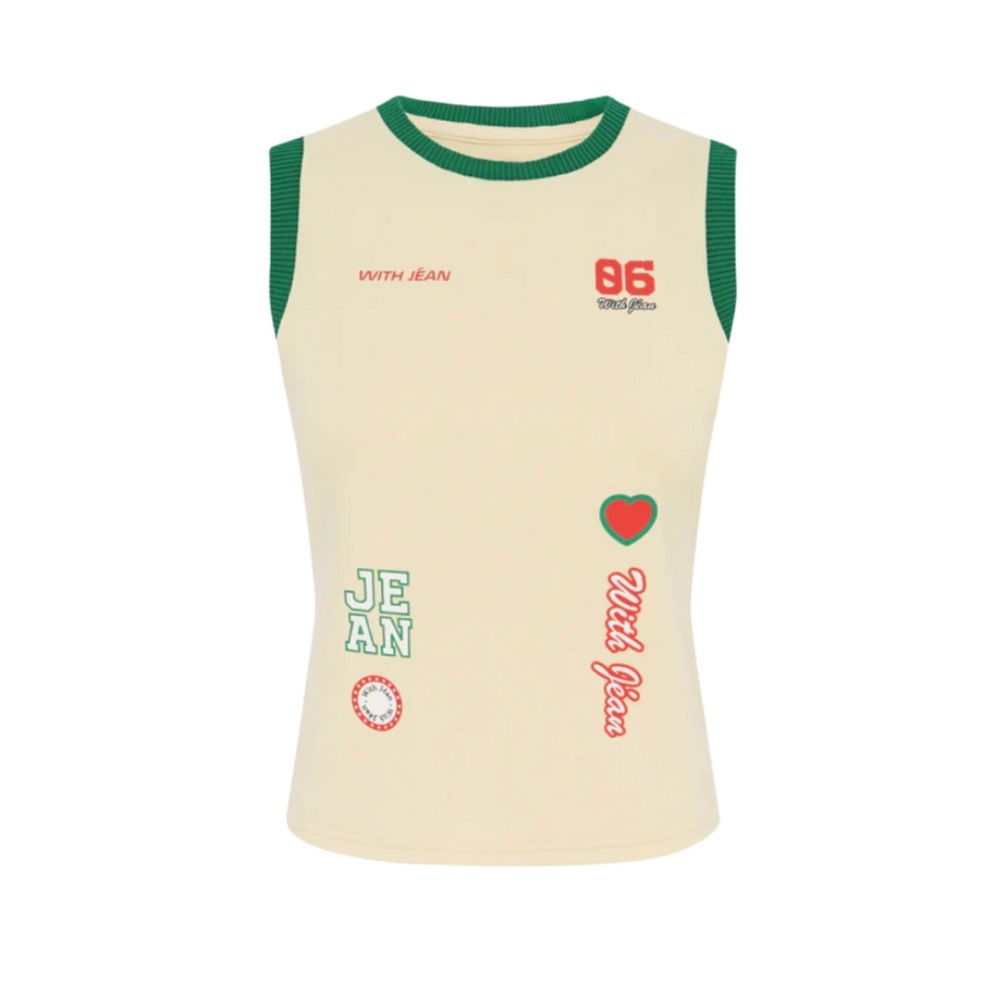 With Jean Cream and Green Tank Top